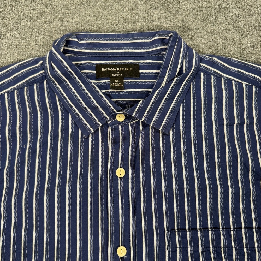 Banana Republic Men XL Slim Short Sleeve Button Down Striped Shirt Blue #4166